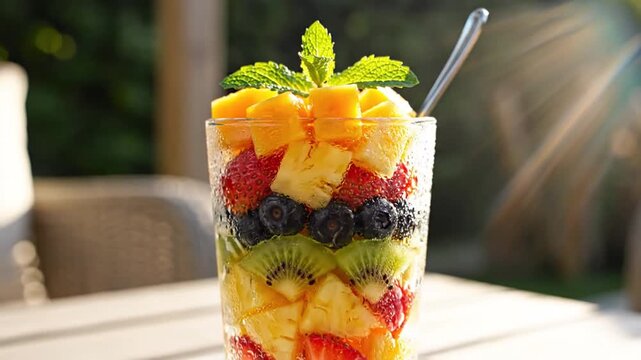 Fresh fruit salad layered in glass tropical fruit with mint garnish natural light healthy food concept - Powered by Adobe