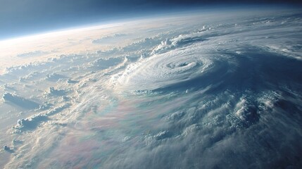 Earth's curved horizon showing a massive hurricane, its swirling clouds forming an eye, seen from orbit, illustrating global weather patterns and the immense power of nature