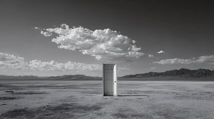 Open door standing in a vast, empty desert valley under a cloudy sky represents new beginnings, choice, and a pathway to a different future or challenging journey ahead