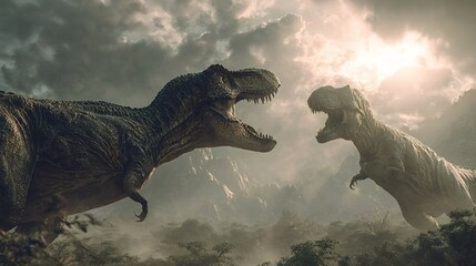 Two ferocious tyrannosaurus rex dinosaurs are roaring and confronting each other in a misty prehistoric jungle landscape under a dramatic sky, depicting ancient dominance and intense conflict