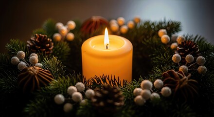 Warm candle flame on a festive wreath with pine cones and white berries, celebrating the quiet start of the holiday season.