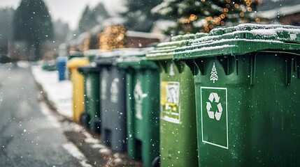 Recycling bins standing in a row along an urban street on a snowy winter day, promoting sustainability and waste management during the holiday season with festive lights in the background