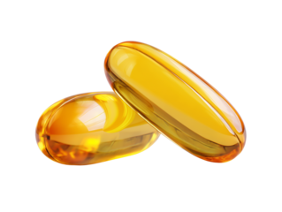 Yellow gel capsules for dietary supplements on a white background in studio lighting