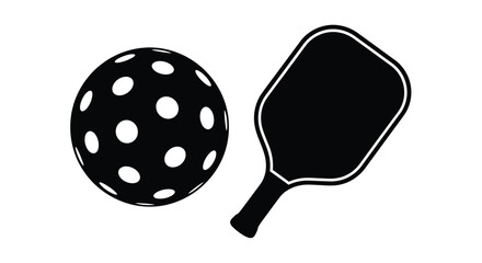 Simple black and white illustration of a pickleball and paddle