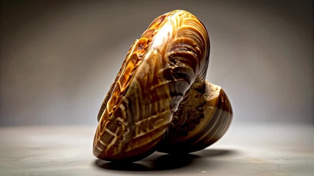 Close up of a fossilized ammonite shell showing intricate spiral patterns and earthy tones.