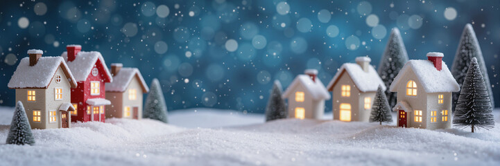 Fototapeta premium Whimsical glowing houses in gentle snowfall on snowy rooftops, festive backdrop for seasonal greetings, concept of holiday marketing and event planning.