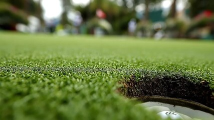 Close up view of a white golf ball rolling on a lush green putting green and dropping into the hole, capturing the winning moment of a successful shot in a tournament or recreational game