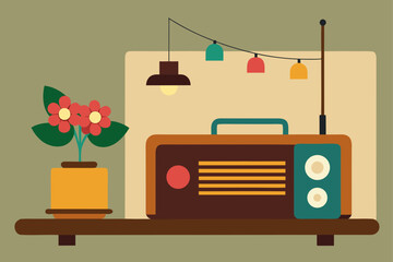 A retro TV and radio vector illustration set alongside classic transport vehicle icons like a cartoon bus, car, and delivery van