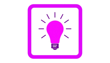 Pink lightbulb icon on a white square, outlined in pink, on a black background, suggesting idea generation