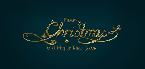 Merry Christmas handwritten lettering phrase isolated on blue background.