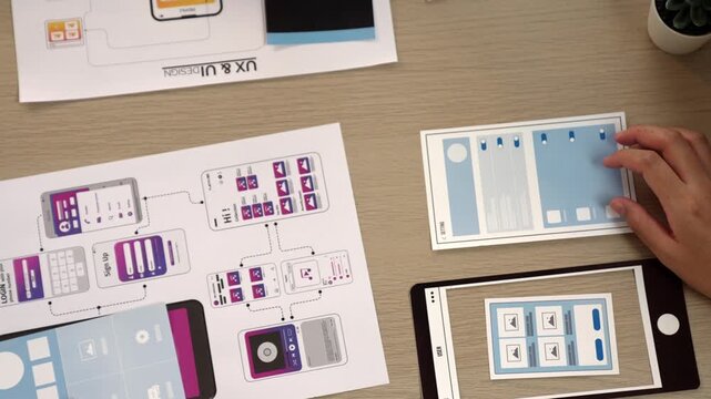 Excellent startup company employee presenting user interface prototype for mobile application to smart co-worker in office workspace. UX UI designer explain function of icon design on paper. Synergic