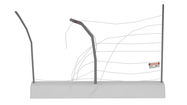 Broken fence section in a public area needing repair