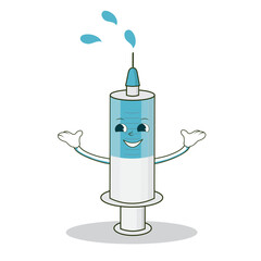 Syringe mascot, blue liquid, drops spraying from needle, injection, vaccination