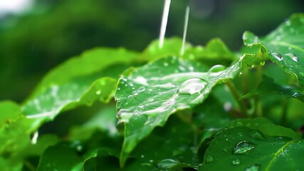 Gentle Push-in on Delicate Raindrops Shimmering on Lush Green Leaves with Subtle Mist - Powered by Adobe