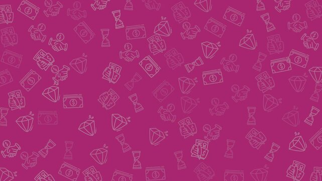 A vibrant purple background features an overlay of numerous semi-transparent, hand-drawn-style dollar bills and diamonds, creating a dynamic pattern