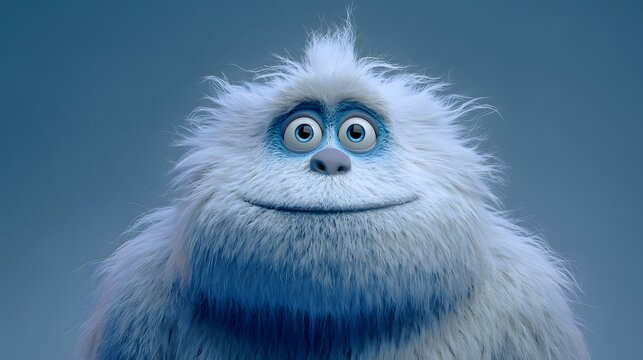 Funny yetty creature with blue eyes. Funny cartoon creature. Halloween monster with blue eyes and a blue fur coat