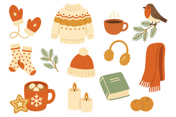 Cute winter hygge set. Cozy home elements collection with warm clothes, cocoa and holiday elements. Hand drawn flat vector illustration for stickers, cards, scrapbooking.