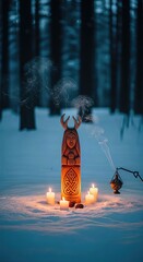 Ancient carved antlered wooden figure stands among glowing sacred candles in a snowy winter forest. Mystical Yule solstice ritual smoke ascends gently from burning incense.
