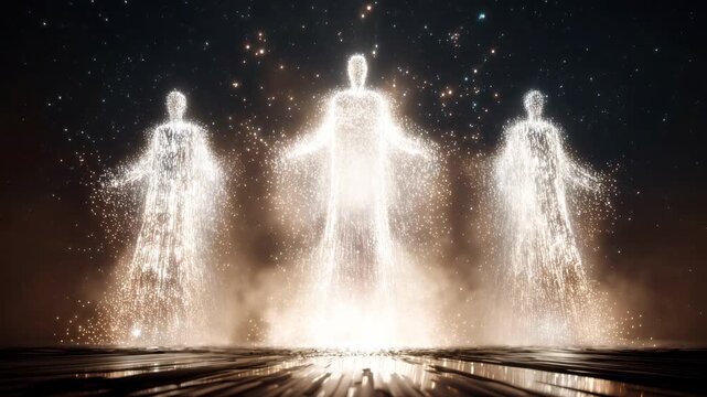 Three abstract spiritual figures made of glowing particles ascend from a reflective surface, radiating brilliant light and energy against a starry background representing a divine celestial concept