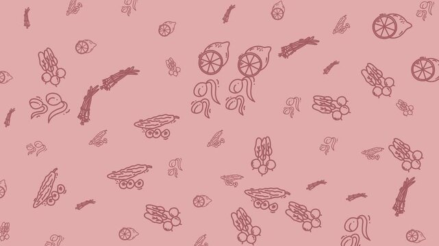 Pattern featuring various tropical fruits and leaves on a pink background, including slices, whole fruits, and foliage in a seamless design