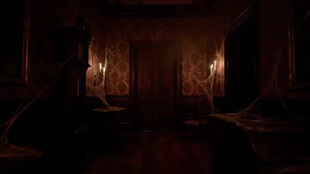 Dark antique room with candles and cobwebs old furniture mysterious atmosphere haunted house interior