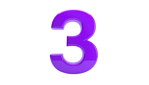 Glossy, purple number three outlined in white, centered against a stark black background, casting soft shadows