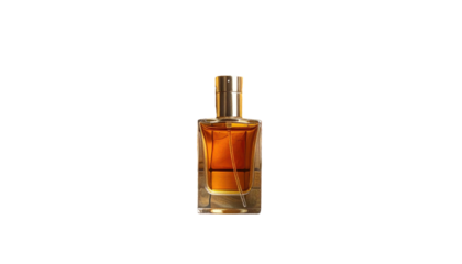 Glass bottle, amber liquid. Clear, silver atomizer. Dark background highlights warm light on the perfume's bottle
