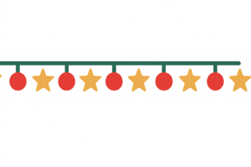 Christmas garland decoration featuring red baubles and golden stars hanging on a green line with transparent background