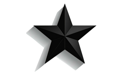 Angled view of a five-pointed star with a gradient gray-to-black fill, casting a simple shadow onto a black background