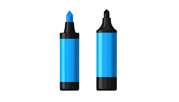 Two blue-labeled dark marker pens, one capped and one uncapped, against a stark black background