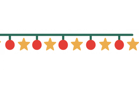 Christmas garland decoration featuring red baubles and golden stars hanging on a green line with transparent background