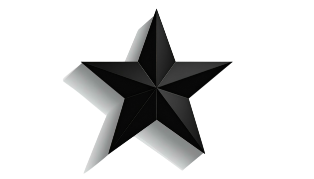 Angled view of a five-pointed star with a gradient gray-to-black fill, casting a simple shadow onto a black background