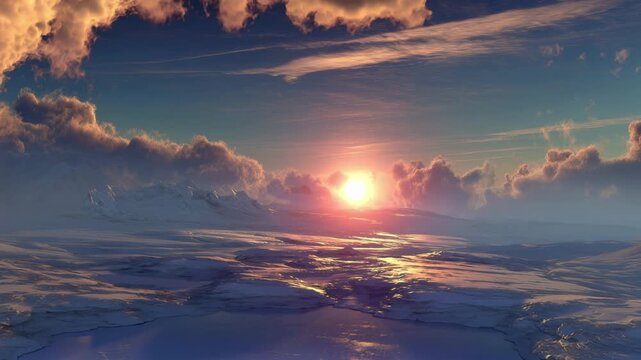 Serene sunset reflecting on a frozen arctic landscape, illuminating the icy plains and snowy mountains with a warm, colorful glow as clouds drift across the beautiful blue sky