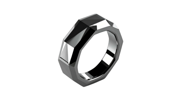 Faceted ring casting dramatic shadows against a black background, showcasing its geometric design and shiny metallic texture