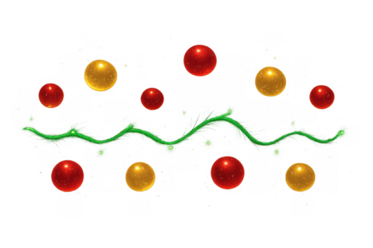 Festive glossy red and golden spheres floating around a green liquid line, creating a celebratory abstract design with transparent background