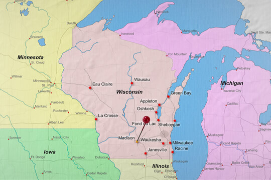 Colorful location map with red stick pin at Madison, Wisconsin, United States of America, USA and the surrounding area