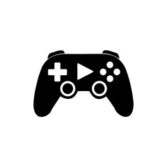 Black Vector Gaming Controller Icon with Play Button – Minimalist Gamepad Symbol on White Background