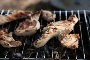 close-up of sizzling grilled chicken pieces with char marks on an outdoor barbecue grill, showcasing a delicious texture and appetizing golden-brown color under direct sunlight, poultry, crust