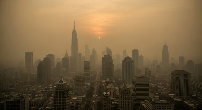 Urban air pollution with thick smog covering skyscrapers, environmental issue concept