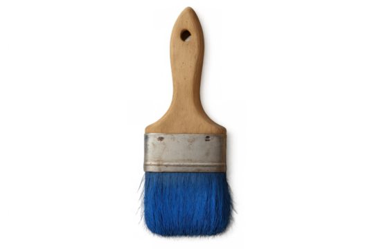 Paintbrush with blue paint, wooden handle, and metal ferrule, art tool for creative projects and diy, transparent background