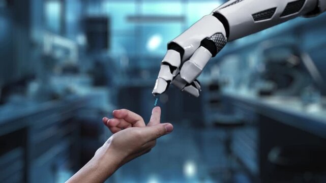 Robot and human reaching hand and pointing finger with DNA holographic floating. Close up of robotic hand and human working together while pointing finger at blurred laboratory background. Salubrious.