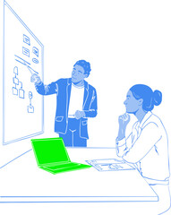 One person is presenting the project to another person. Vector illustration. 