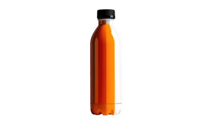 Shiny orange and white gradient water bottle with black cap, on black background in the middle of the frame