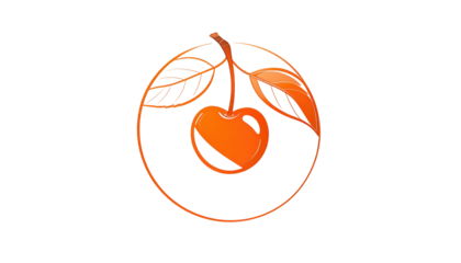 Stylized orange cherry with leaves encircled on black, radiating light with detailed lines and shine