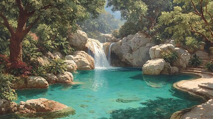 Beautiful waterfall poolside view high resolution picture