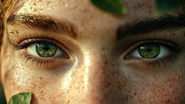 Emerald Gaze: A captivating close-up of a human with vibrant emerald green eyes, the essence of the human with a sprinkling of freckles, framed by subtle leafy accents.