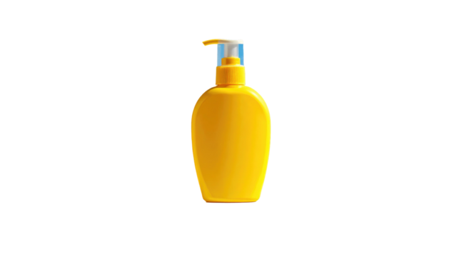 Yellow dispenser bottle with pump, smooth and rounded, on black background. Bright light