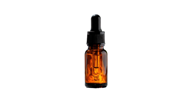 Amber glass bottle with dropper, filled with brown liquid against a stark black background, studio lighting
