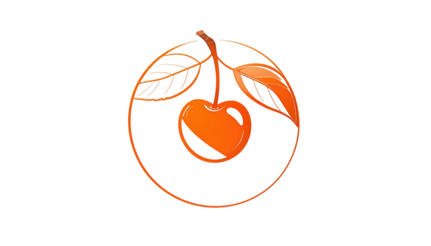 Stylized orange cherry with leaves encircled on black, radiating light with detailed lines and shine