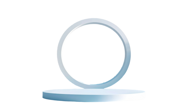 Simple 3D rendering. A white ring rests on a round white platform against a stark black background